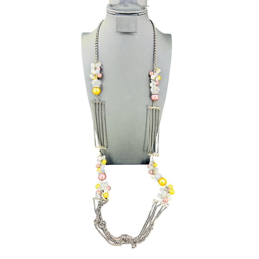 Womens Long Necklace Beaded Dark Metal Plated 42-26 in.